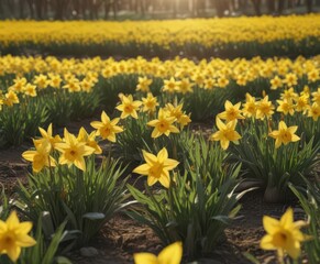 Obraz premium Sunlit daffodil field, vibrant yellow blooms, spring scene, countryside, springtime, field