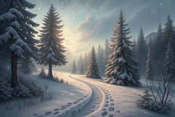 Snowy Winter Wonderland Serene Forest Path at Sunrise