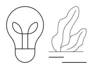 Thin line drawing of a light bulb symbolizing creativity and abstract leaves representing nature. Ideal for innovation, sustainability, eco-awareness, growth, simplicity, education, and a simple