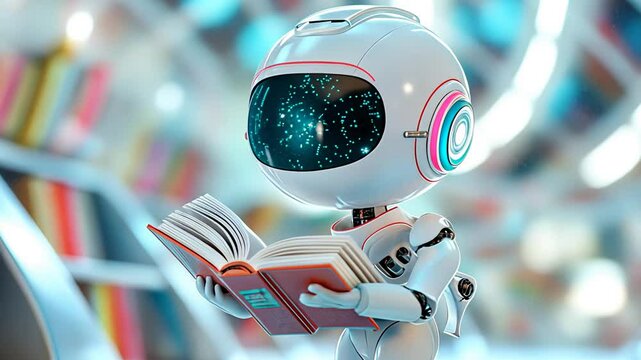 Futuristic robot reading a book in a high-tech library setting.