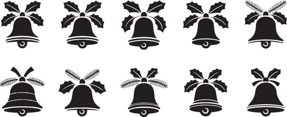 Twelve Black and White Christmas Bells with Holly and Pine