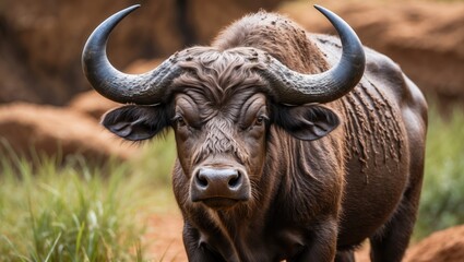 Naklejka premium Buffalo in clay mud. Detailed depiction of bull's horned head in the savannah. Wildlife scene from nature. Big buffalo's brown fur. Horns on the large bull's head.
