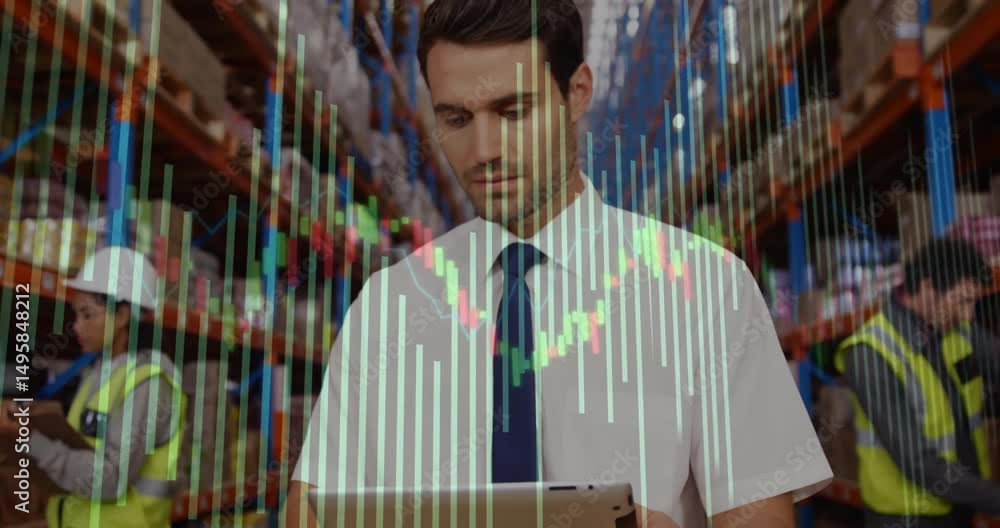 Poster man tapping tablet in warehouse while animated financial chart bars showing stock data above racks