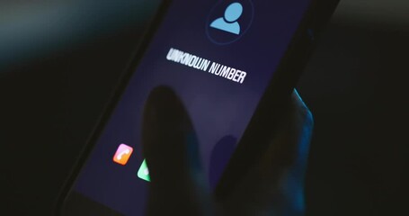 Hands, person or answer incoming call on phone screen with unknown number, stranger or anonymous caller. Night, smartphone connection and contact with private id for phishing scam, networking or spam - Powered by Adobe