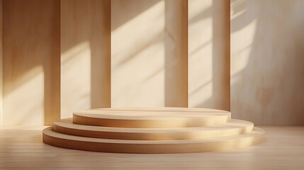 A sleek, polished podium in a minimalist environment with soft ambient lighting, leaving enough space around it for showcasing a luxury item