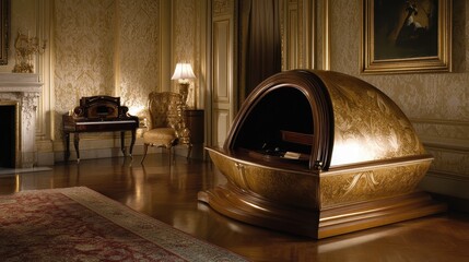 Ornate, golden desk in a grand interior space.