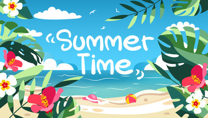 Summer banner with coast, flowers and tropical trees foliage in vector, flat style.