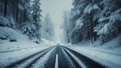 Fototapeta premium Winter mountain road scene without traffic in a snowy environment