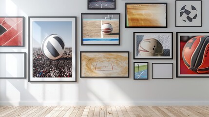 Wall with framed sports themed artwork including volleyball basketball and tennis court prints