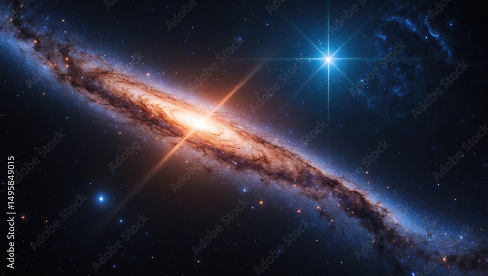 Poster astronomical view of a universe, light, and a planet or nebula within a constellation on a dark back