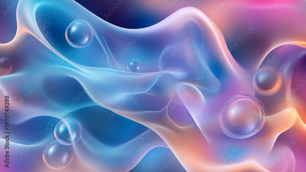 Poster vibrant abstract fluid waves with luminous color gradients and floating bubbles.