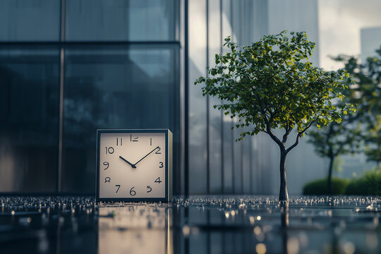 A square clock prominently placed on the facade of a modern office building, surrounded by shimmering water droplets and tiny trees.