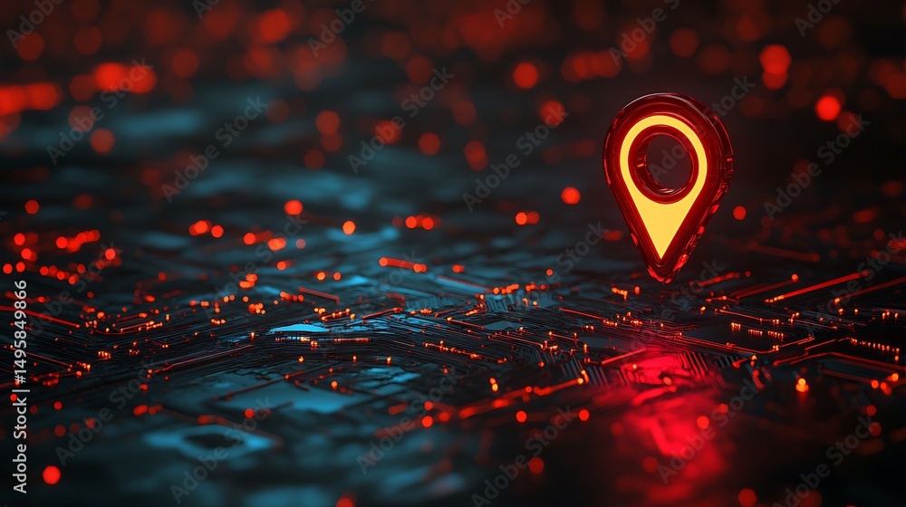 Poster glowing location pin on futuristic circuit board technology background