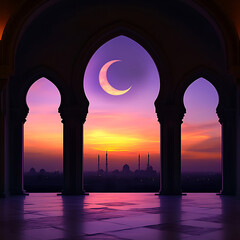 Fototapeta premium Crescent moon over mosque at sunset view from archway