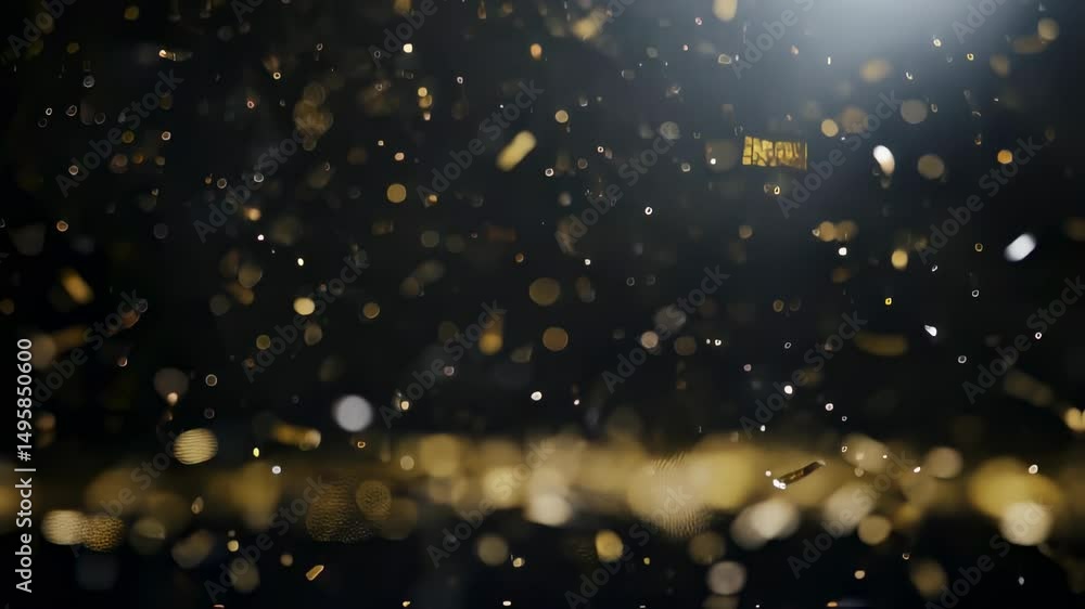 Poster Gold confetti falling in a loop on a black background with glittering festive particles