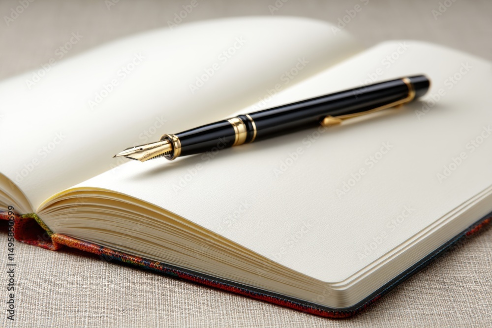 Aufkleber an elegant fountain pen resting on an open notebook with blank pages, inviting creativity and offeri