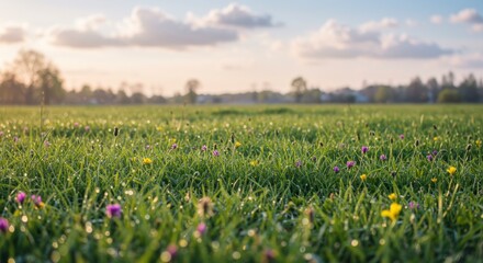 Vast grassy field at sunrise