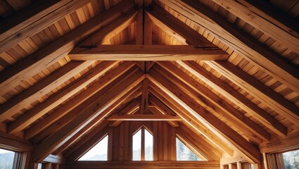 Obraz premium The Creation of a Wooden Roof: In-Depth Photo of Overlapping Roof Construction