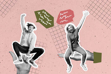 Exclusive artwork collage of happy girl guy receive bubble dialogue conversation sit human hands...