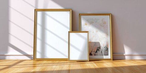 Minimalist Gold Frame Poster Mockup on Pastel Floor with Shadow