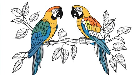 Parrots on branch, detailed coloring