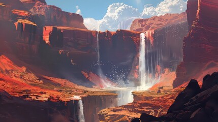 Grand canyon landscape featuring waterfalls and birds flying in the sky with cloudy skies above it all