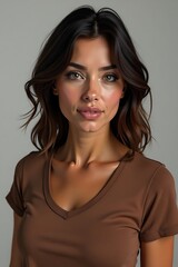 Fototapeta premium Portrait of a Beautiful Woman with Brown Hair and Green Eyes in a Studio Setting. 