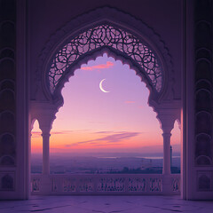 Crescent moon view from islamic archway balcony