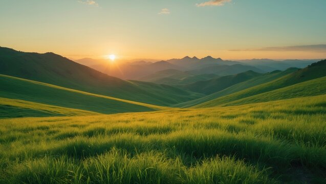 Stunning autumn view in the mountains. Green field and sloping hills. Twilight.