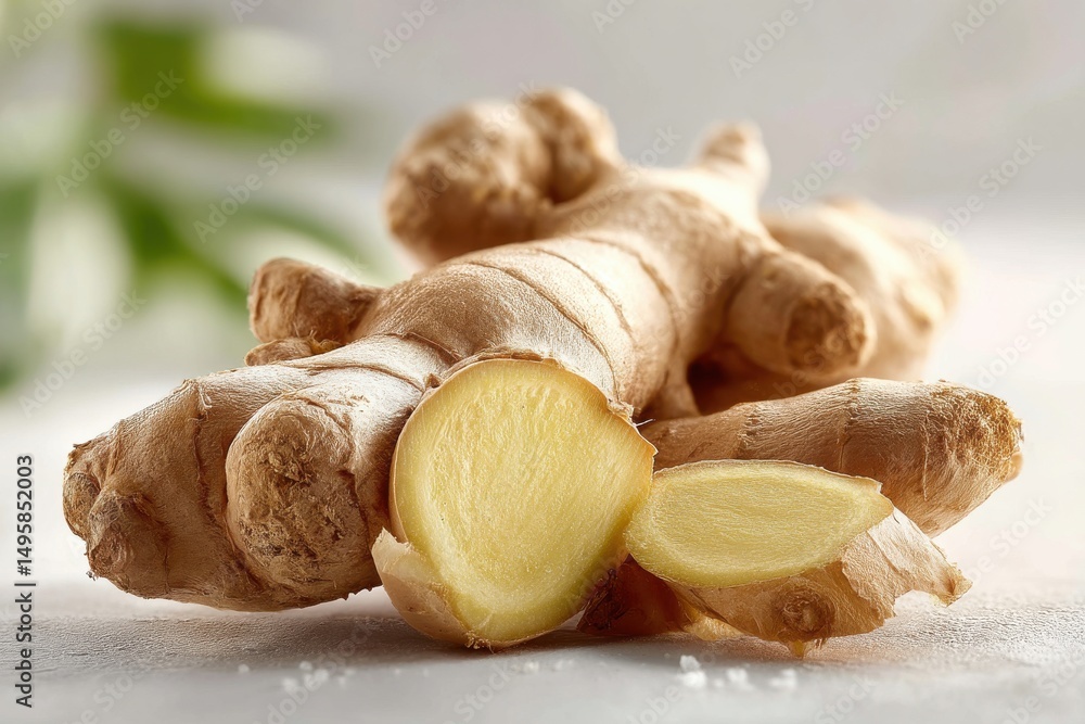 Poster a close-up shot captures the intricate texture and vibrant color of fresh ginger root, highlighting 