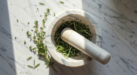 Mortar and Pestle with Fresh Herbs on Marble - Culinary Preparation, Photo