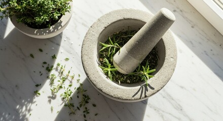 Fresh Herbs Preparation with Mortar and Pestle, healthy lifestyle, cooking - Photo