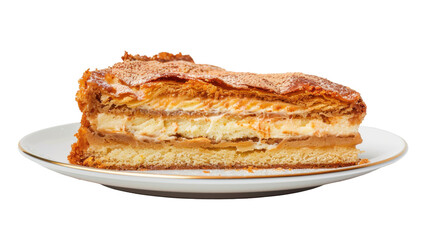 A delicious slice of layered dessert on a white plate, showcasing creamy textures and a golden crust