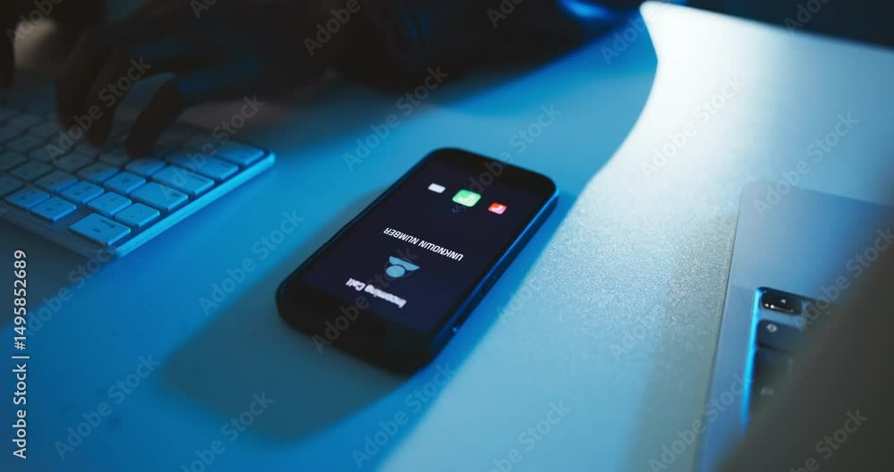 Poster Hands, typing and incoming call with phone screen in office with unknown number, phishing scam or ignore spam at night. Computer, person or cell with private contact for mobile fraud and late scammer