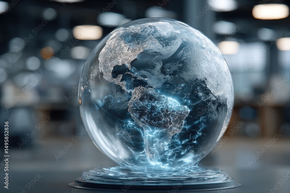 Poster a futuristic globe showing interconnected continents with glowing energy streams, representing globa
