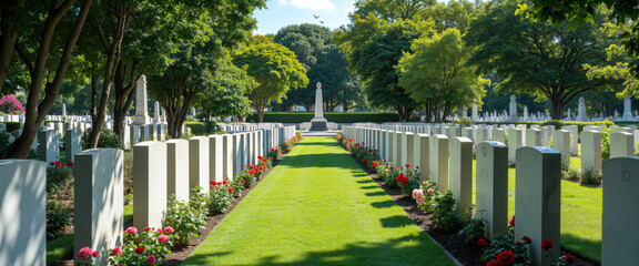 Symmetrical Military Cemetery with White Headstones and Red Flowers in Summer Light, Honoring Fallen Soldiers with Order, Beauty, and National Memorial Monument in the Distance