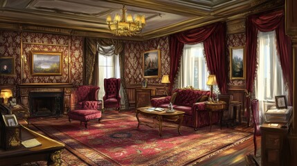 Fototapeta premium Richly appointed interior living room, grand, antique style.