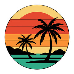 Retro sunset palm trees tropical beach scene