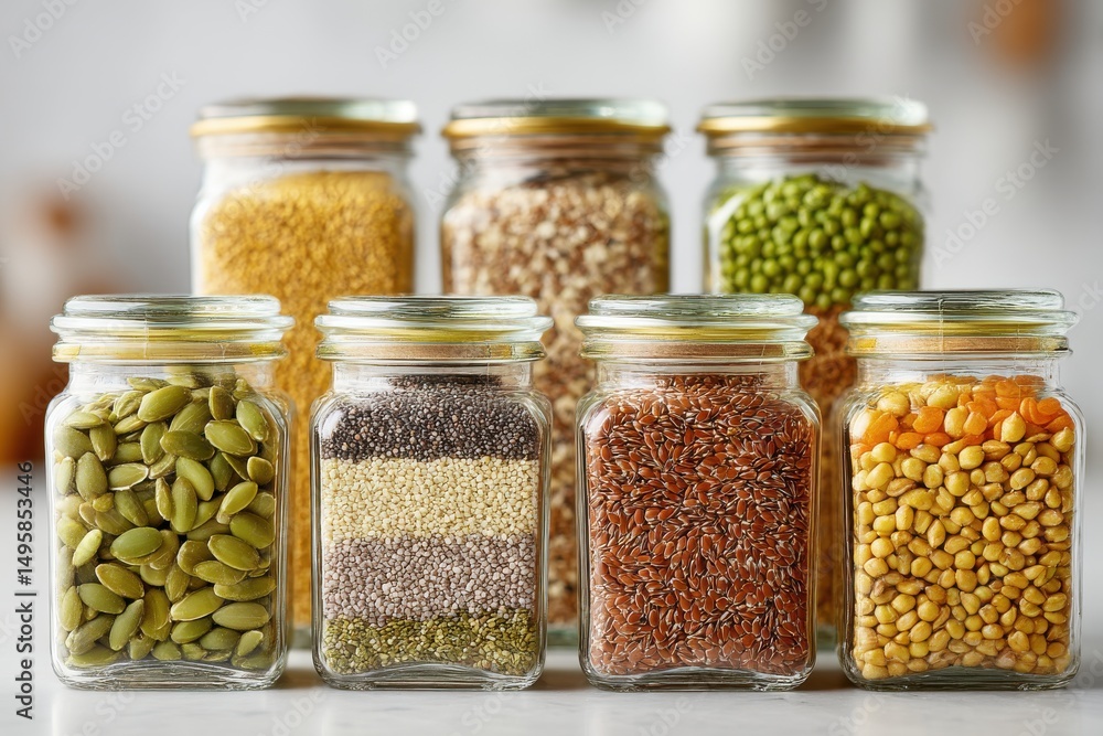 Poster an array of jars filled with nutritious seeds, lentils and grains, arranged in rows, presenting a co