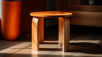 Minimalist Round Wooden Stool With Natural Light And Shadows High Resolution Photo