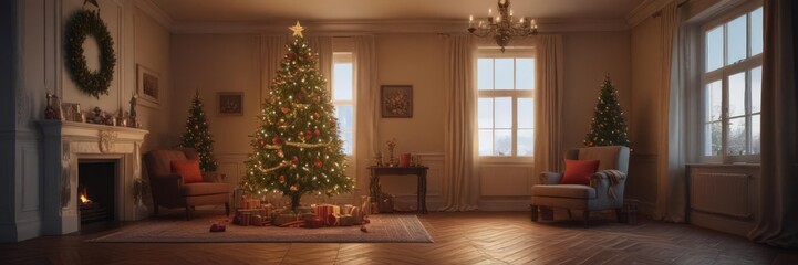 Fototapeta premium Ornate Christmas tree, glowing lights, cozy room, room, red