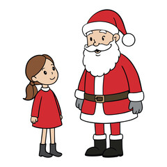 A young girl meets Santa Claus under a snowy night sky, her eyes wide with wonder as he hands her a gift, filling the moment with magic and joy.
