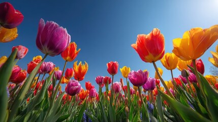 Fototapeta premium Vibrant tulip field, low angle view, colorful blooms against a vibrant blue sky