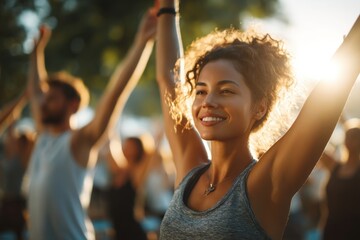 A radiant woman practicing yoga with a group outdoors, bathed in golden sunlight, feeling energized and connected in a natural setting with a sunny backdrop.