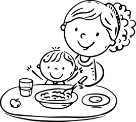 Doodle mother feeding her baby with a spoon. Mom giving food to her little child. Cartoon family outline clipart