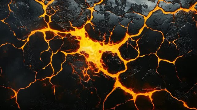 Molten lava cracking on solidified surface with orange glow  