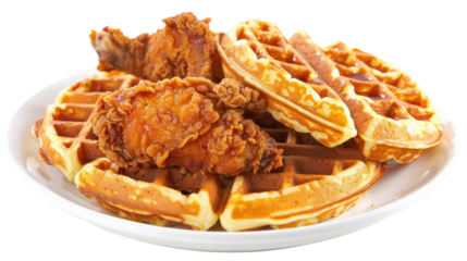 Crispy fried chicken served on a plate of golden waffles, with a cozy dining background
