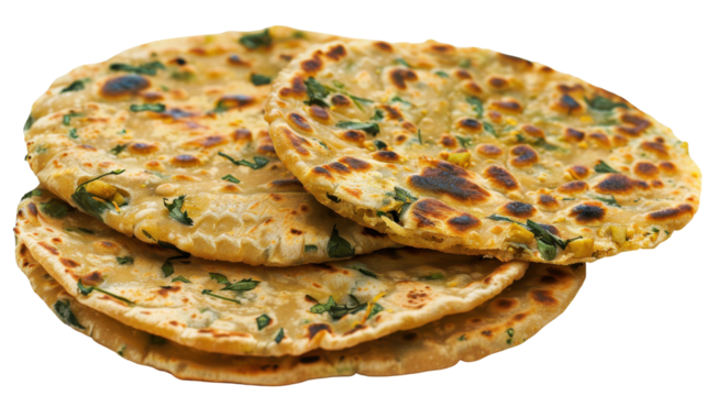 Freshly baked flatbreads with herbs stacked on a white background, ideal for culinary use
