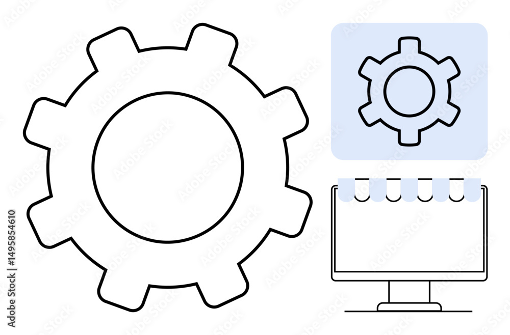 Poster gear icon with smooth edges, digital notepad overlay, and computer screen for productivity and techn