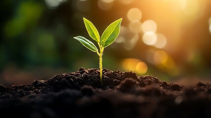 Young Plant Sprout Growing in Rich Soil at Sunset,  Nature's Rebirth and Environmental Conservation